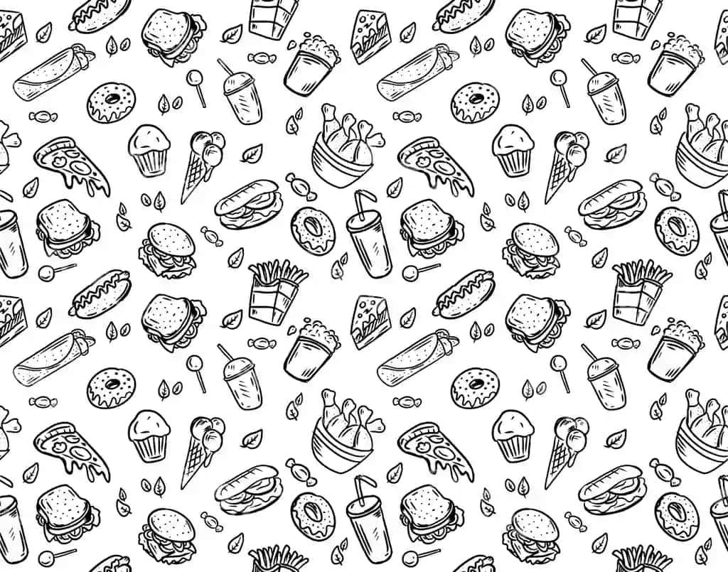 Chiroyli uzilmas qo'l bilan chizilgan fast food rasmlar to'plami vektorlari | Beautiful seamless hand drawn fast food images set vectors
