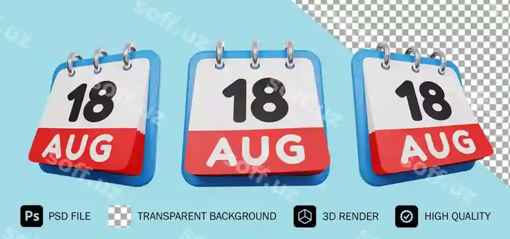 18 avgust kuni kalendar 3d render premium psd | 18 august day calendar 3d render premium psd