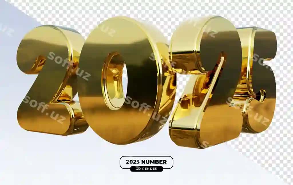 2025-yil parlak oltin sonlari 3D renderi Yangi yil bayrami uchun shaffof elementlar bilan | 2025 glossy gold numbers 3d render new year celebrations with transparent