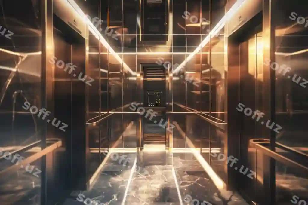 Boylik lift ichki dekoratsiyasi zamonaviy dizayn sifatli binoferqli qora tonlarni aks ettiradi. | Luxurious elevator interior reflecting modern design elegance vibrant gold tones