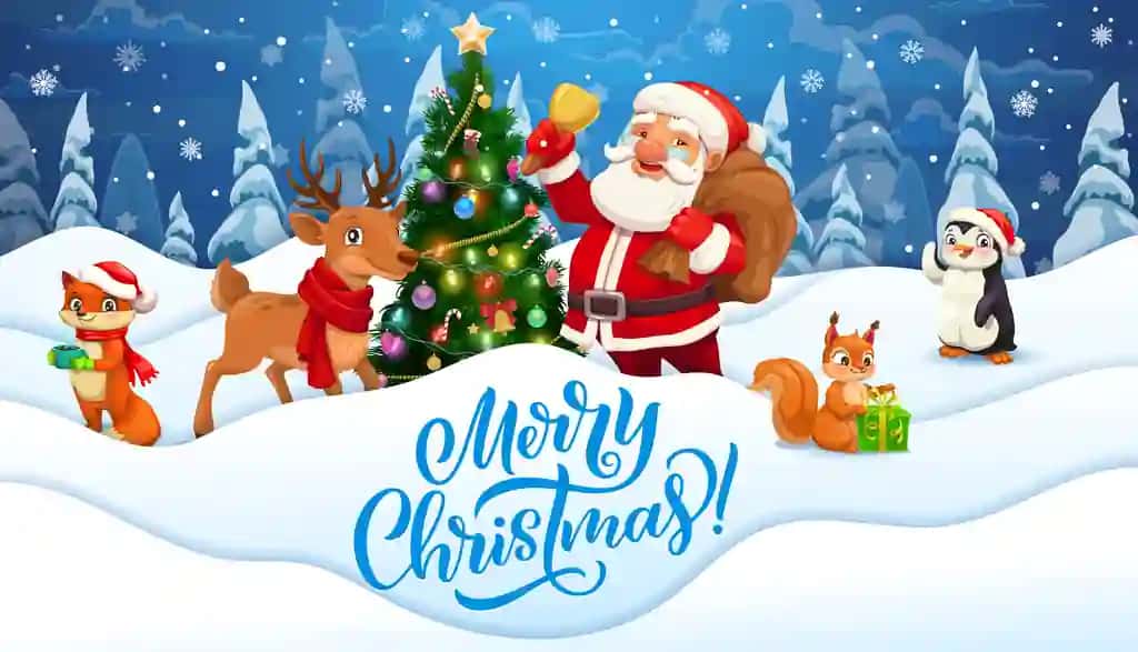 Multfilm qog'oz kesilgan qor to'lqinlari kulgili hayvonlar Santa qo'ng'iroq Xmas bilan | Cartoon paper cut snow waves funny animals santa with bell xmas