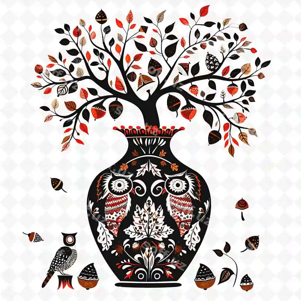 Qora oq chizma, boshlar bilan vaza, u | Black white drawing vase with owls it