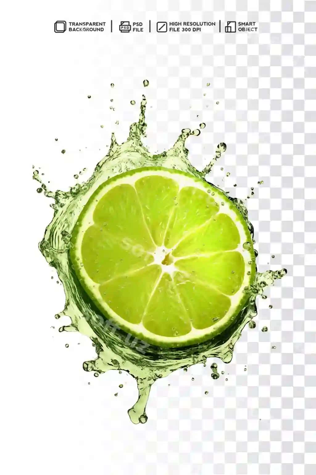 Yangi limon dilimi 3d splaash aylanma suv shaffof fonda | Fresh slice lime with 3d splash swirl water transparent background