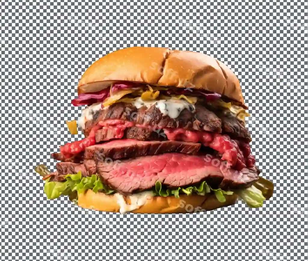 Mazali pastrami burger ajraltirilgan shaffof fonda | Delicious pastrami burger isolated transparent background