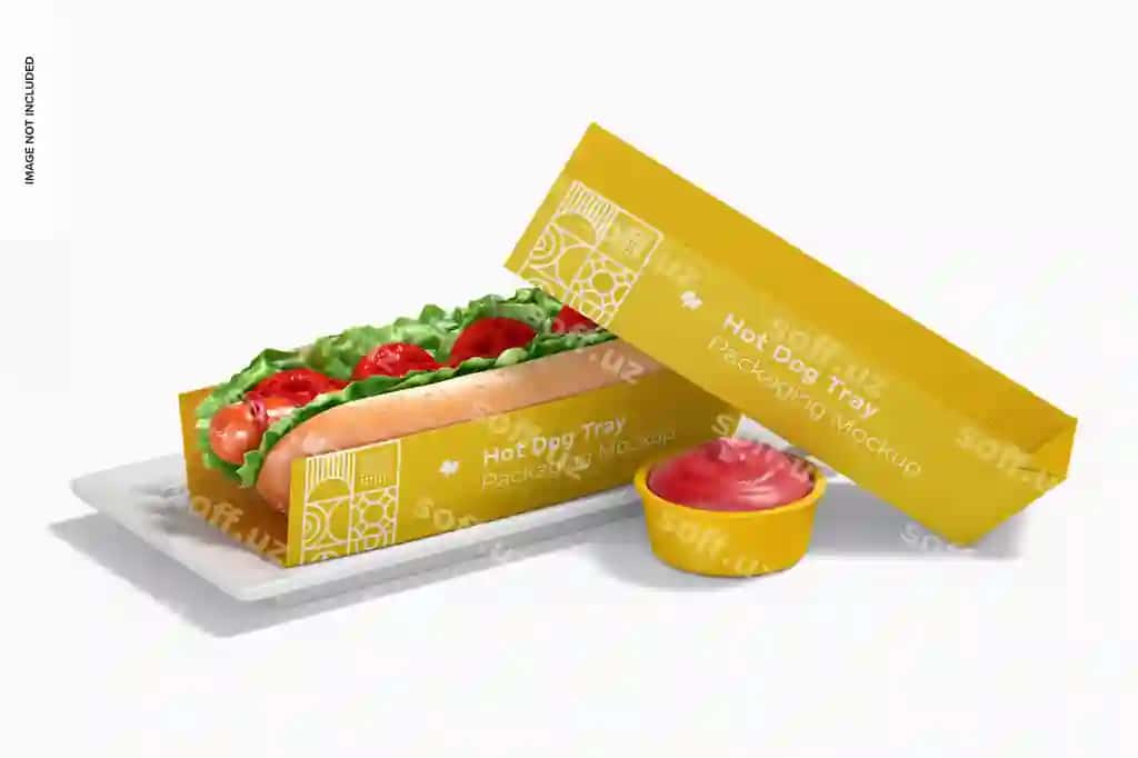 Hot-dog laganda qadoqlash maketi oldingi ko'rinishi | Hot dog tray packaging mockup front view