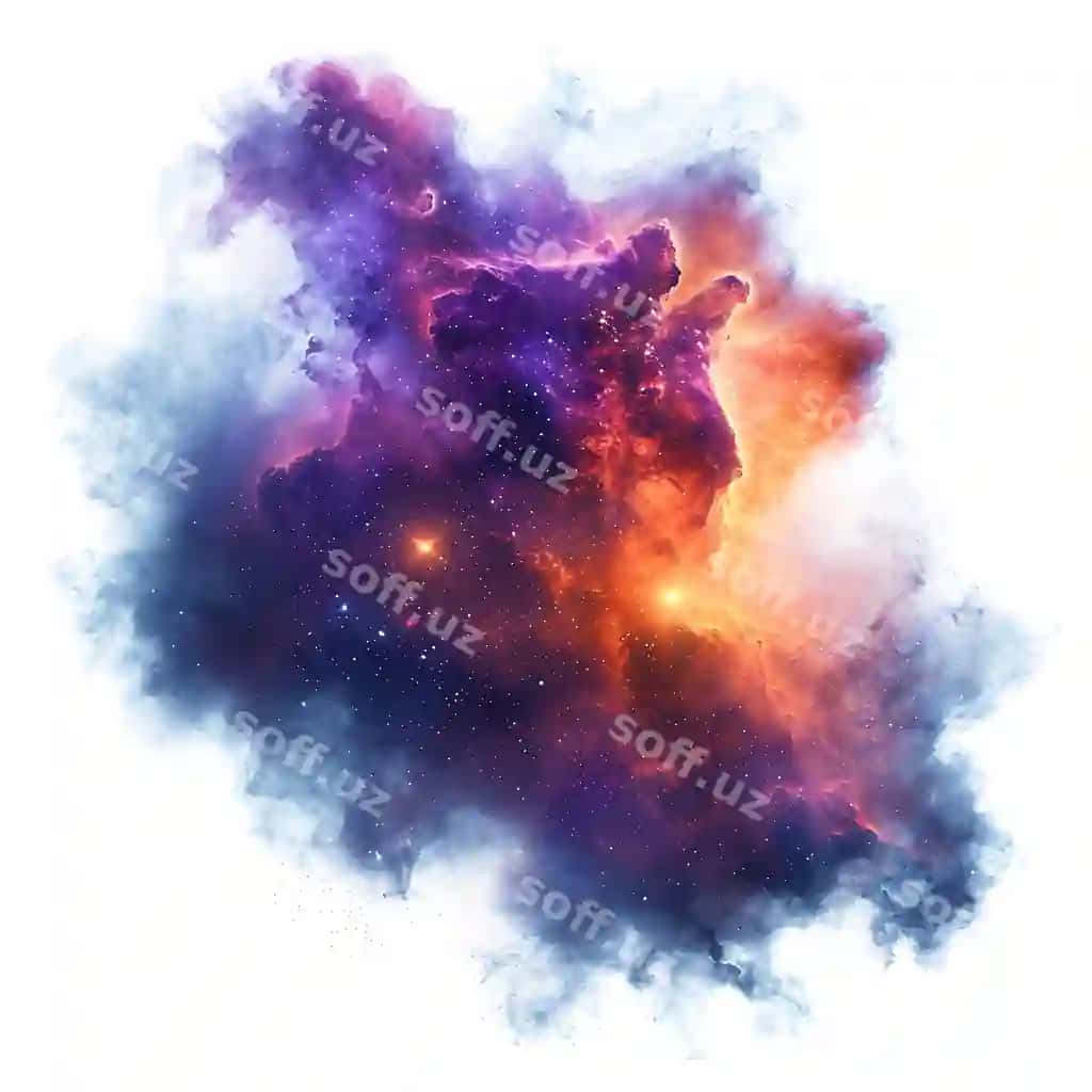O'rtasida so'z yulduzchasi bo'lgan binafsha to'q sariq tumanlik | Purple orange nebula with word star middle