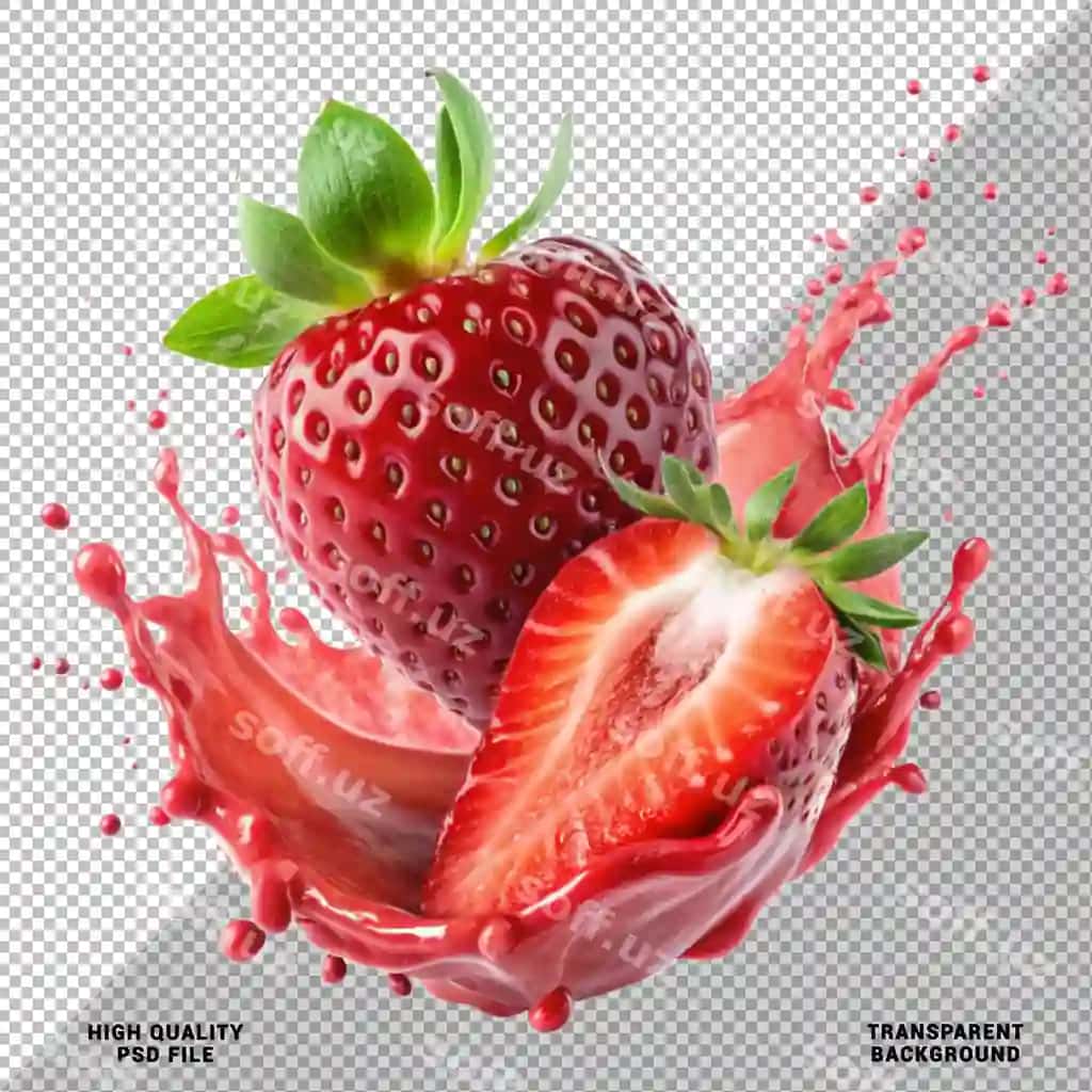 Yangi shirin qurdiu suvi sovuqlik ajraltirilgan shaffof fon | Fresh sweet strawberry juice splash isolated transparent background