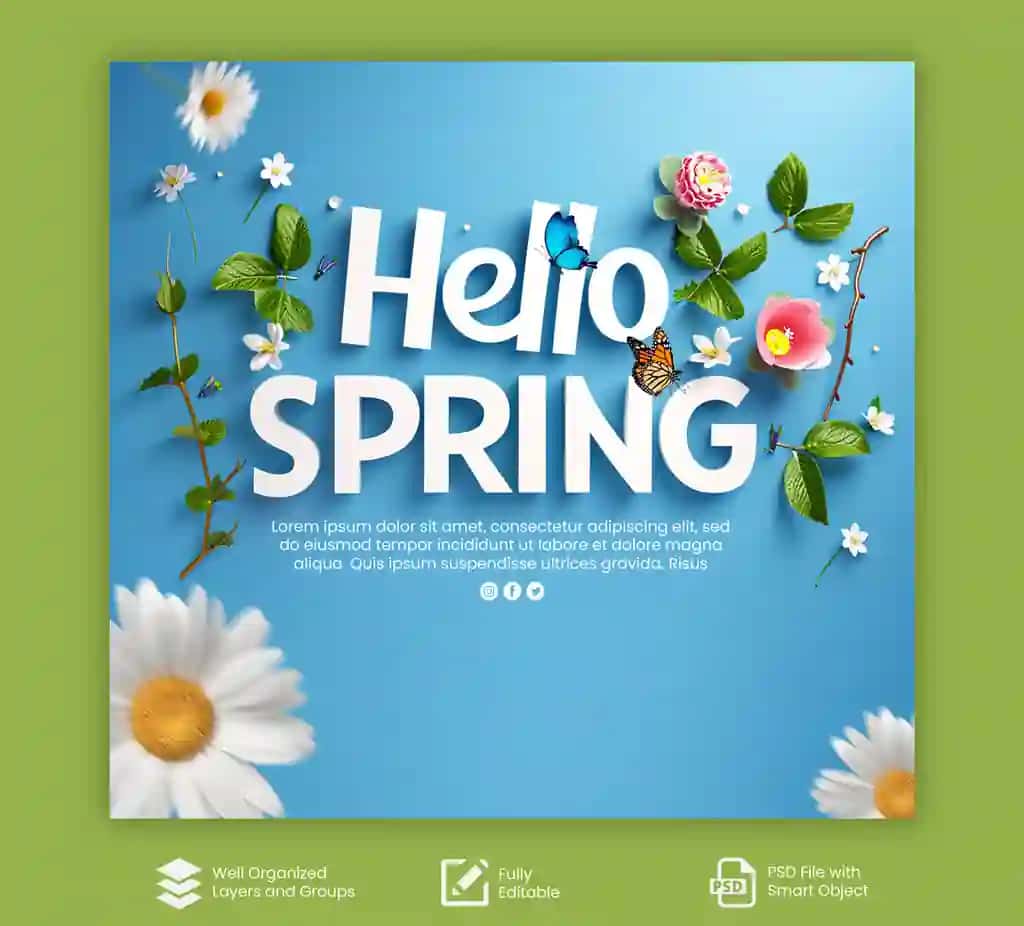 Psd salom bahor fonida gullar ramkali ijtimoiy media posti | Psd hello spring background social media post with flowers frame