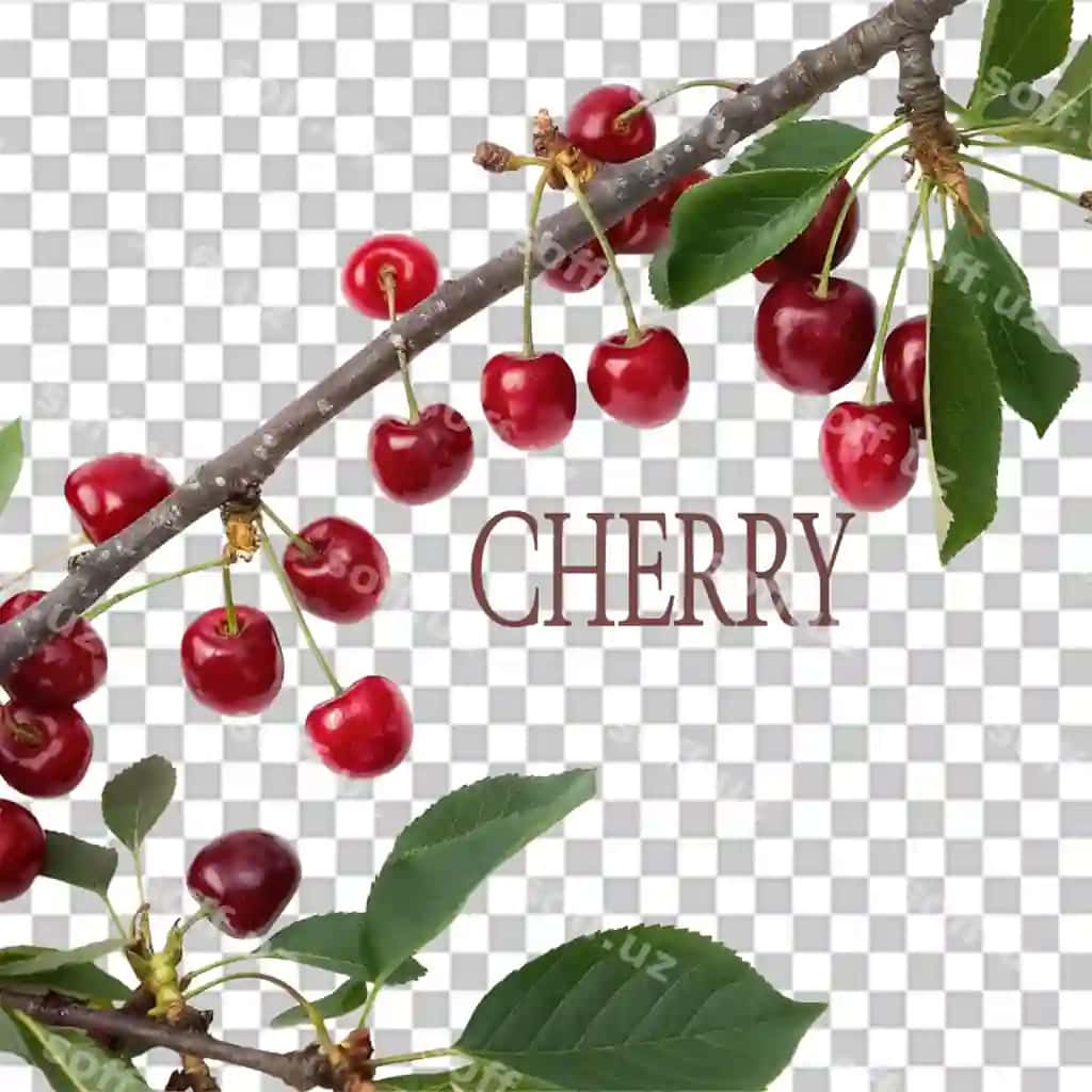 Boringlar bilan giljak so'zi ajraltirilgan shaffof fonda | Branch with berries word cherry isolated transparent background