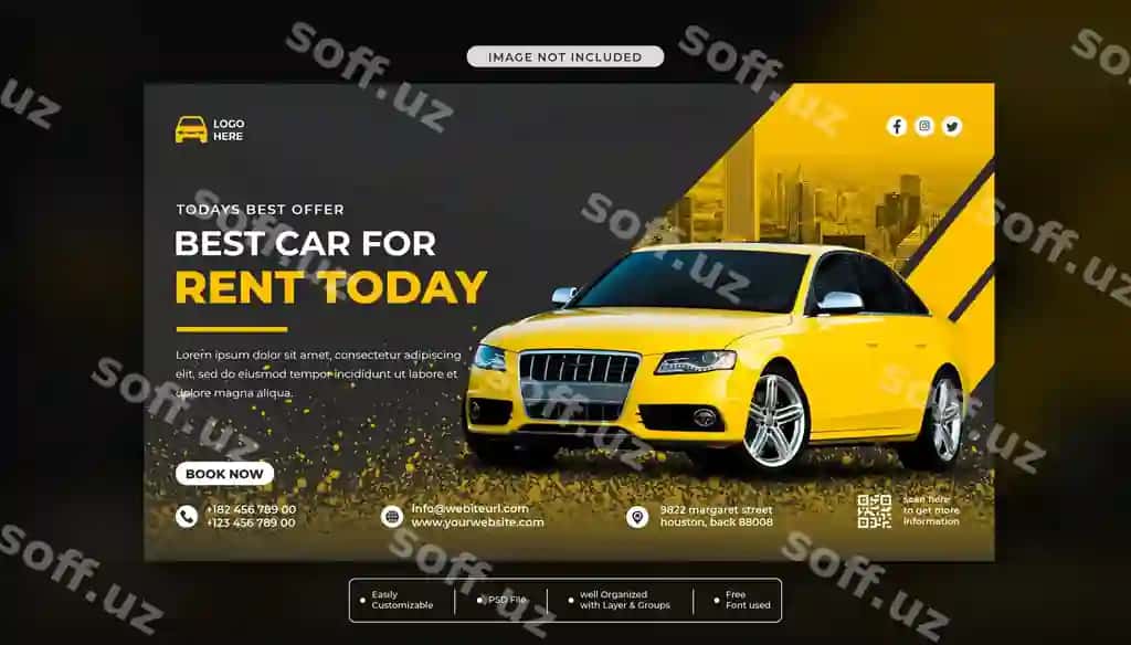 Avtomobil ijarasi sotish reklamasi veb baner sotsial media shablon zamonaviy | Car rental sell promotion web banner social media template modern
