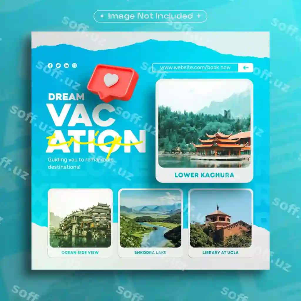 Sayohat dam olish ijtimoiy tarmoqlar post shabloni foto ramkali | Travel holiday vacation social media post template with photo frame