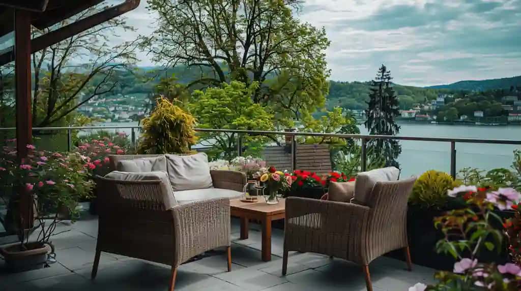 Zamonaviy balkon maydoni Yevropa jigarrang ochiq divan stol stullari ko'l manzarasi manzara | Modern balcony space europe brown outdoor sofa table chairs lake view landscape