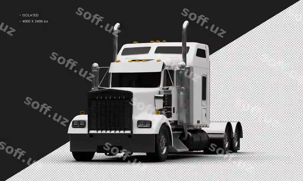 Chapdan izolyatsiya qilingan real mot oq og'ir yuk avtomashinalari | Isolated realistic matte white heavy duty semitrucks car from left