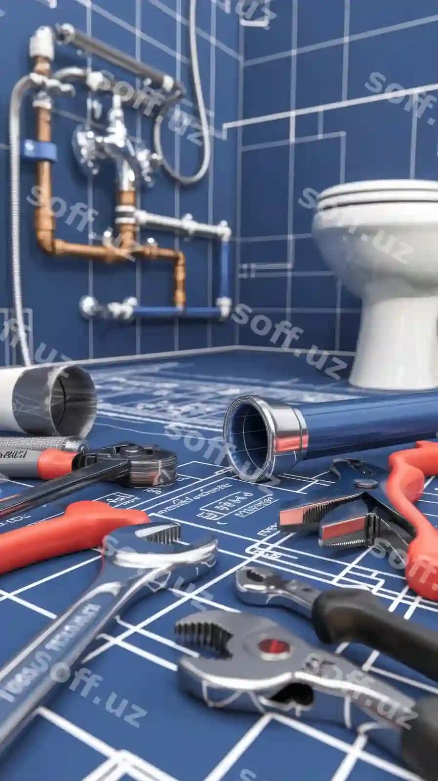 Santexnika asboblari jo'mragi loyihasining yaqin ko'rinishi | Plumbing tools faucet blueprint project closeup