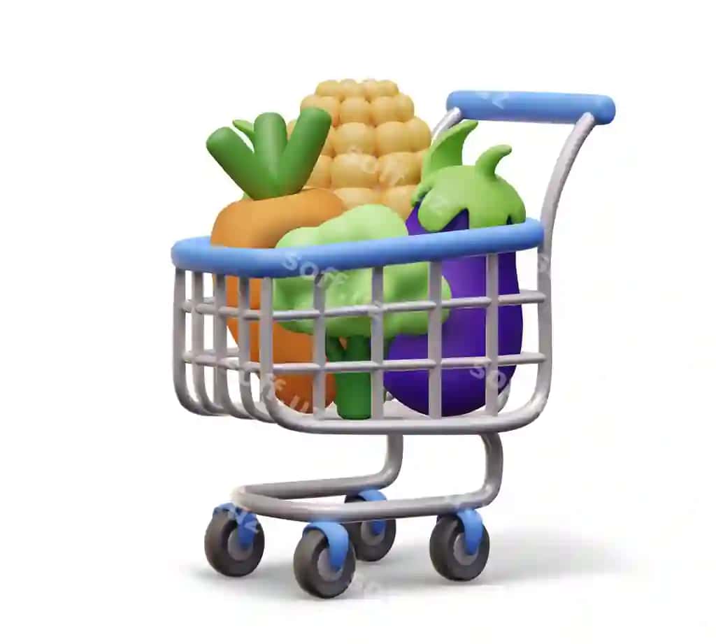 Metal savat yangi sabzavotlar bilan makkajo'xori, baqaliyovk, morator, brokkoli. | Shopping metal cart with fresh vegetables corn eggplant carrot broccoli
