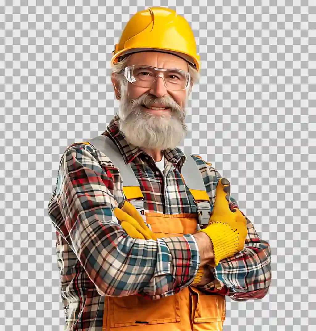 Baxtli quruvchi yolg'iz shaffof fonni ko'rsatayotganidan mamnun | Happy builder standing pleased posing isolated transparent background