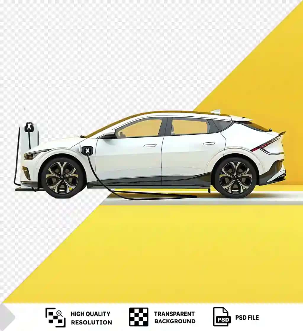 Sariq devor fonida oynali oq elektr avtomobil zaryadlash nuqtasi | White electric car charging point with yellow wall background glass