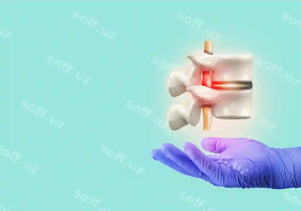 Shifokor qo'l vertebralarni disk herniyasi bilan tutadi. | Doctors hand holds vertebrae with herniated disc problem