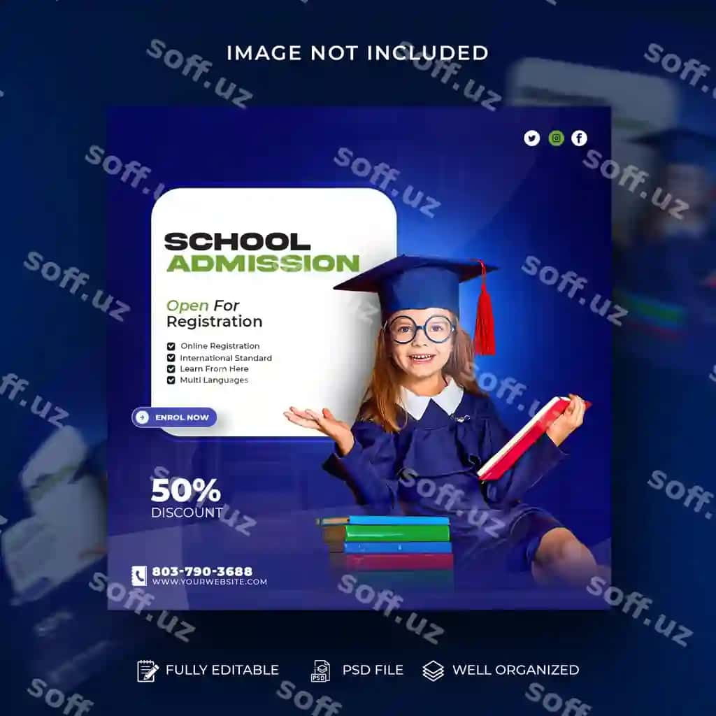 Bolalar maktabga qabul ijtimoiy tarmoqlar Instagram posti banner shabloni | Kids school admission social media instagram post banner template