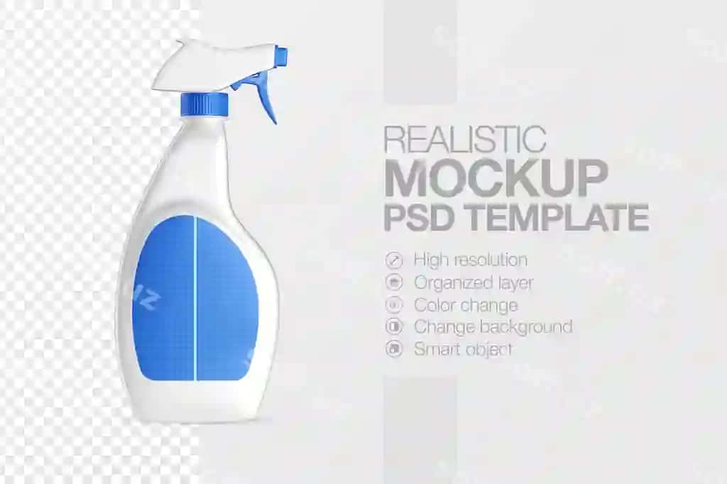 Haqiqiy plastik sprey flakon etiketka shabloni | Realistic plastic spray bottle label mock up template