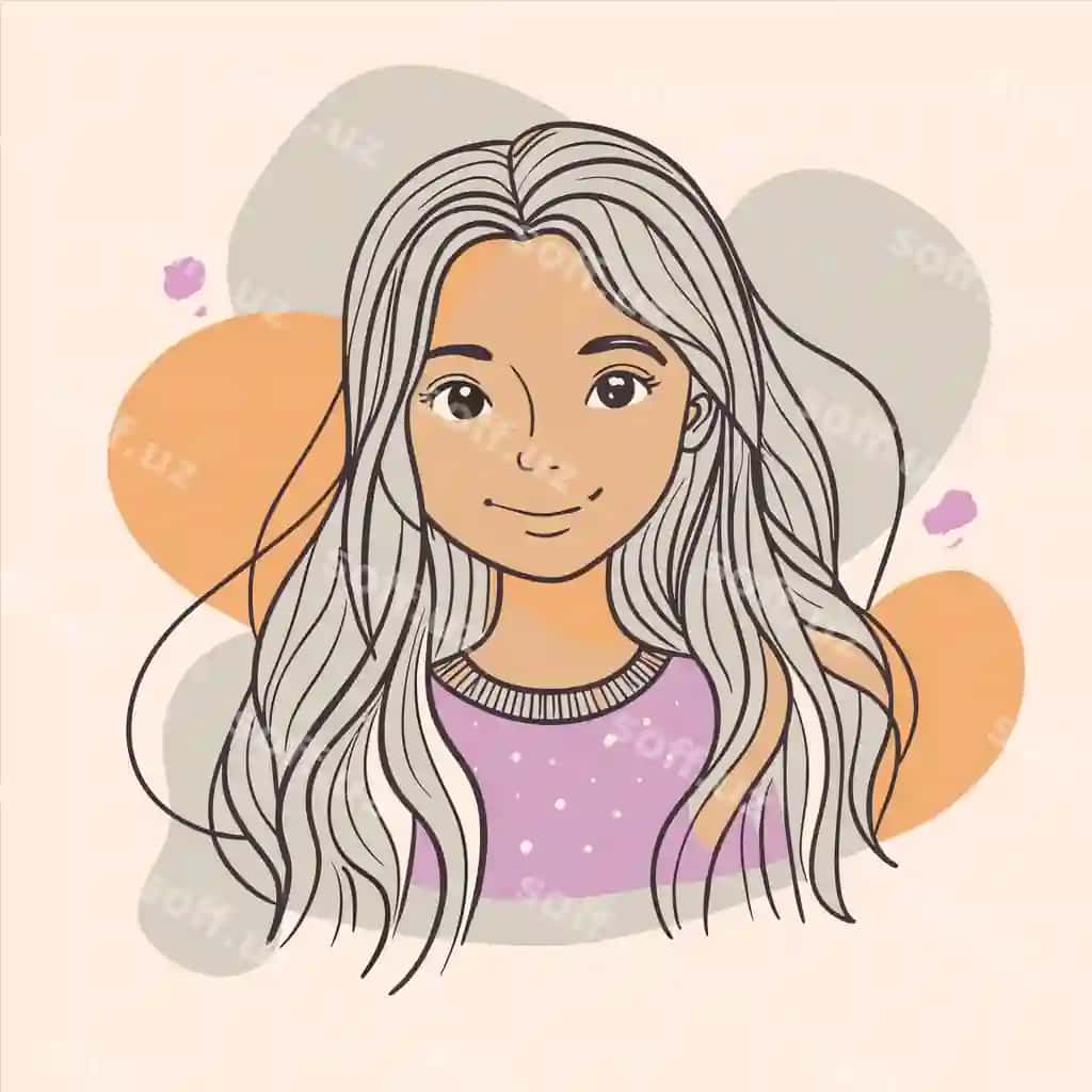 Chizish qizi uzun sochli binafshe rangli ko'ylakda oldingi qismda gulbin nuqta | Drawing girl with long hair purple shirt with pink dot front