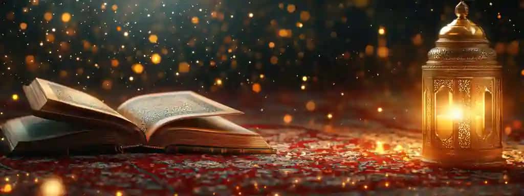 Yumshoq bokeh chiroqlari ostida chiroq yonidagi yorqin oqshom xotirjamlik kitobi | Glimmering evening serenity open book beside lantern amidst soft bokeh lights