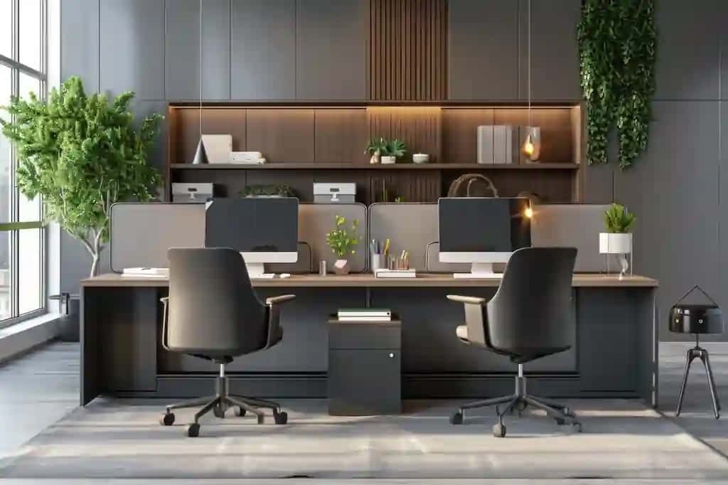 Stolli ikkita stul bilan oddiy ofisni sozlash biznes ish joyi tushunchalariga mos keladi | Simple office setup with desk two chairs suitable business workplace concepts
