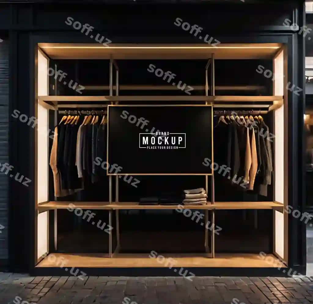 Qora mockup do'kon mockup mato asib turgan neon chiroq bilan | Black mockup store mockup with cloth hanging with neon light