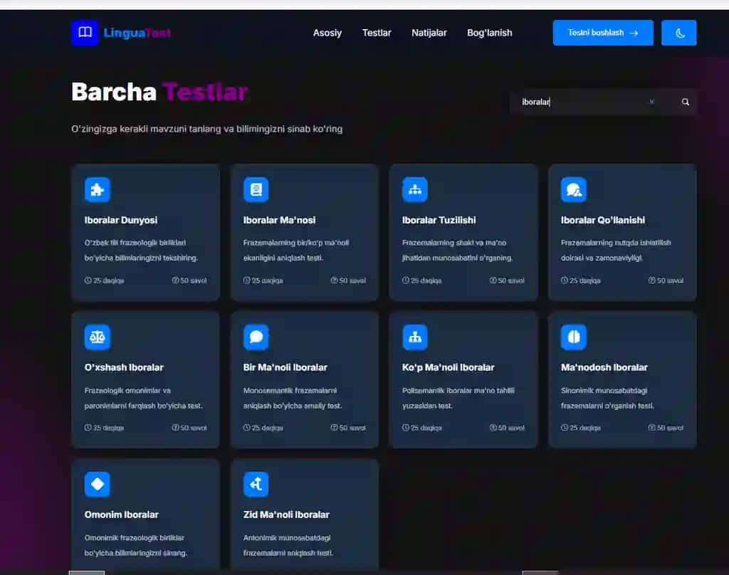 LinguaTest – O'zbek tili test platformasi shabloni