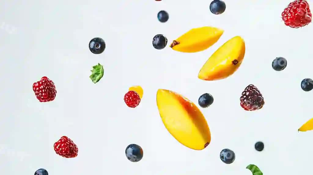Mango tilimlari turli xil rezavorlar tushayotgan oq fonda yorqin studiya sozlamalari | Mango slices assorted berries falling white background bright studio setting