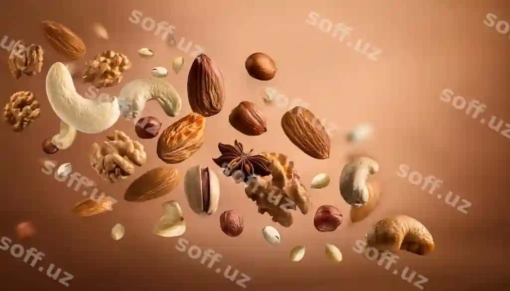Turli xil orqatlar issiq jigarrang fonda suzib turgan | Assorted nuts floating against warm brown background