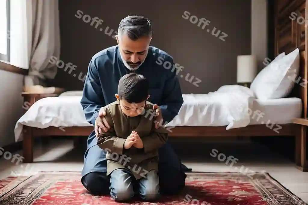 Muslim ota o'g'lining namoz o'qiyapti. | Muslim father praying his son