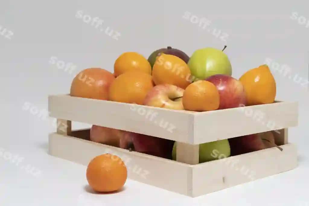 Ekzotik mevalar bilan bezatilgan yog'och quti | Wooden crate mock up with exotic fruits