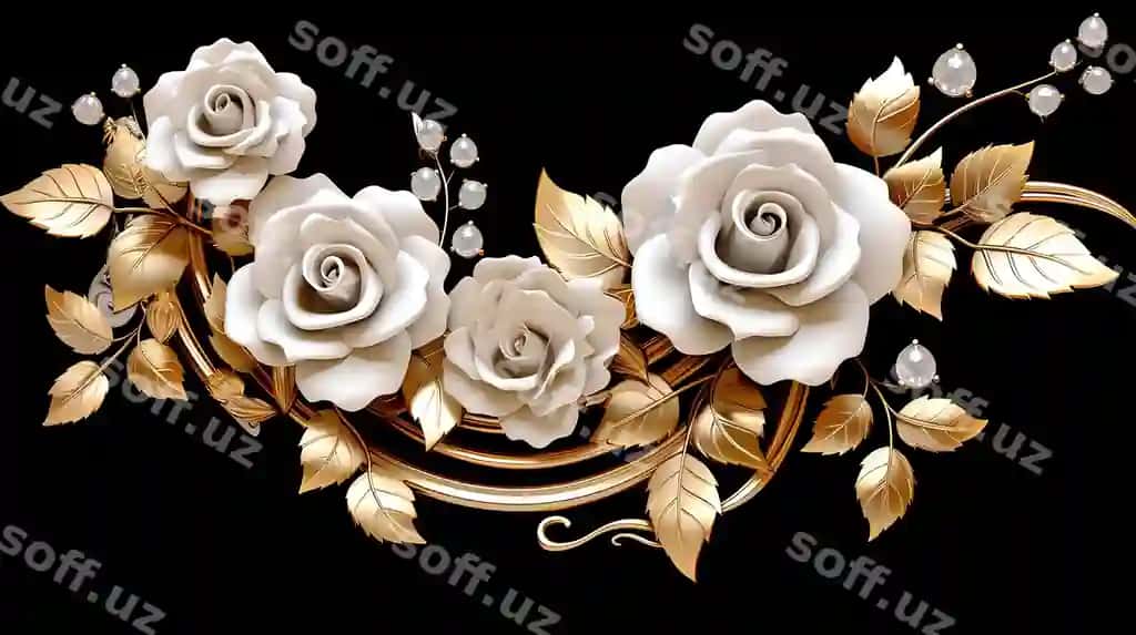 Oq gulari oltin varaq qora fonda | White roses gold leaves black background