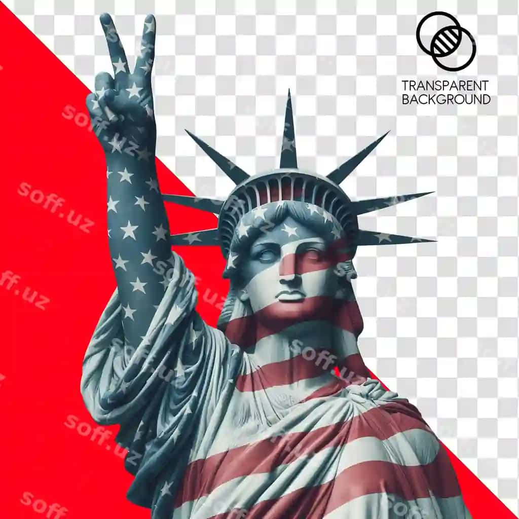 Erkinlik statuasi Amerika bayrog'i bilan boyab qilingan va barosat belgisini ko'rsatgan. | Statue liberty making peace sign with american flag painted it