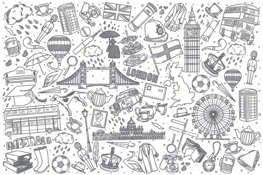 Qo'lda chizilgan Angliya doodle to'plami | Hand drawn england doodle set
