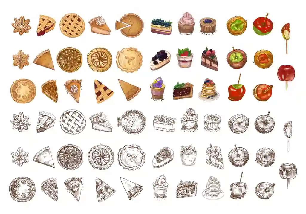 Qo'lda chizilgan vintage eskizlar to'plami piroglar tortlar xamir ovqatlar pechene ponchiklari | Hand drawn vintage sketch set pies cakes pastries cookies donuts