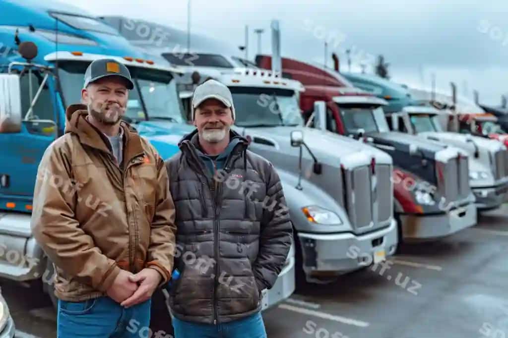 Ikki yuk haydovchisi navbatda turgan yuk avtomobillari uchun parkinq lotda. | Two truckers standing line semi trucks parking lot