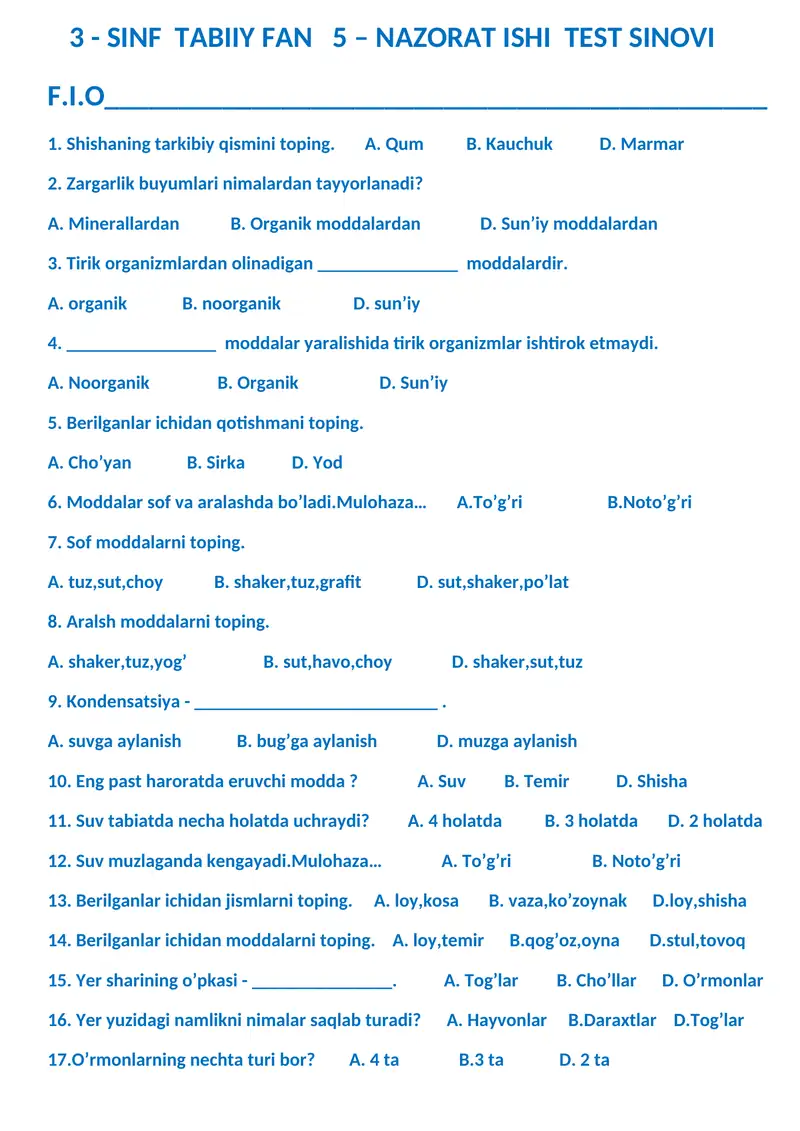 3 - SINF TABIIY FAN 5 – NAZORAT ISHI TEST SINOVI