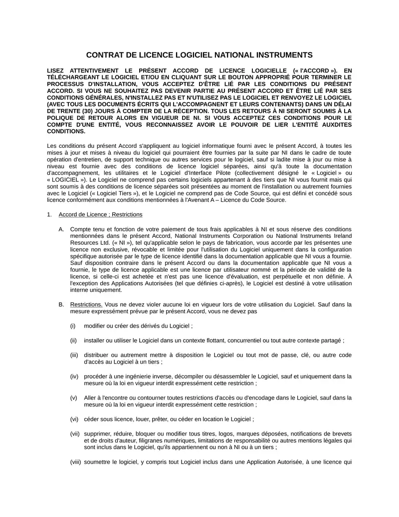 CONTRAT DE LICENCE LOGICIEL NATIONAL INSTRUMENTS