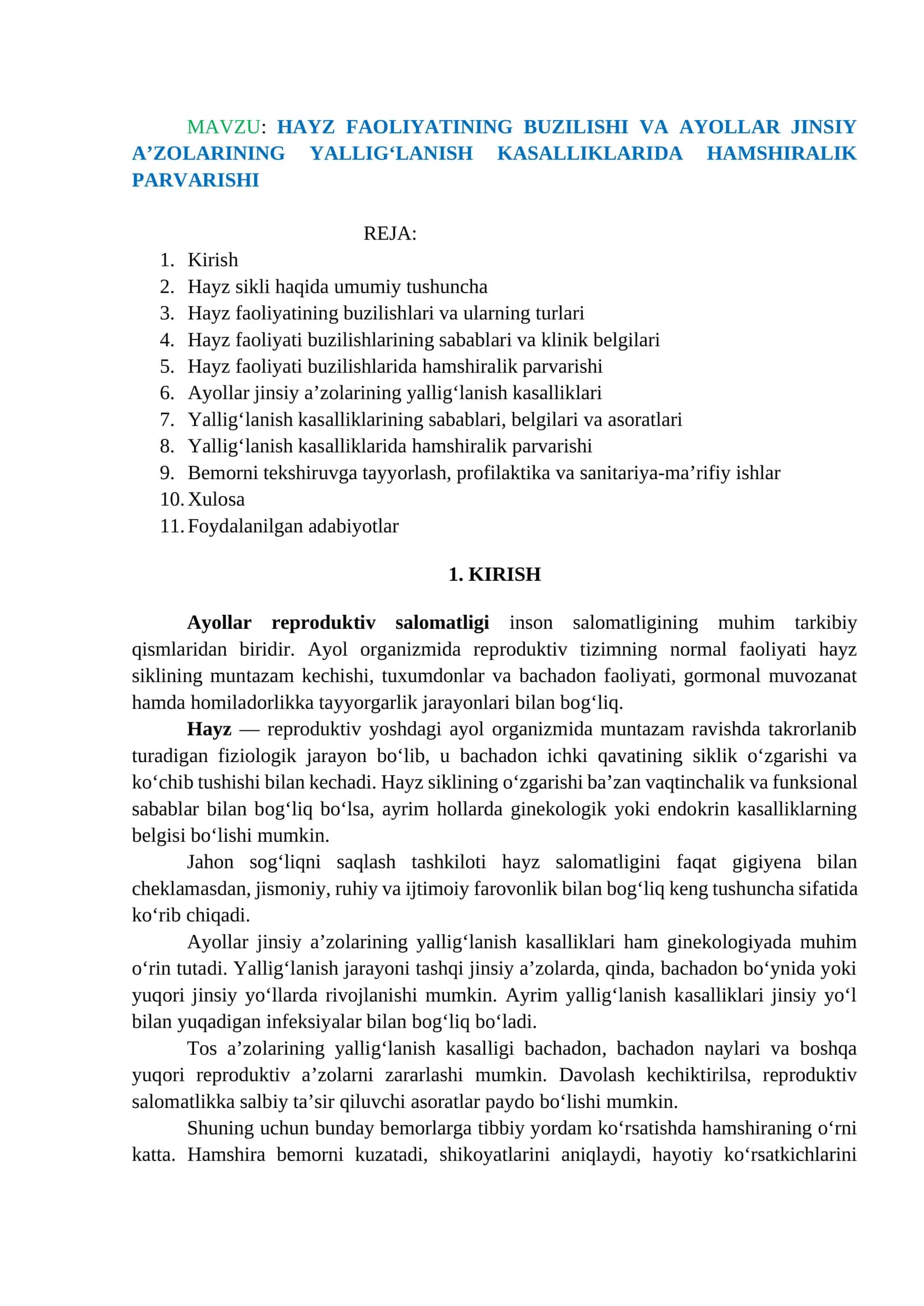 HAYZ FAOLIYATINING BUZILISHI VA AYOLLAR JINSIY A’ZOLARINING YALLIG‘LANISH KASALLIKLARIDA HAMSHIRALIK PARVARISHI