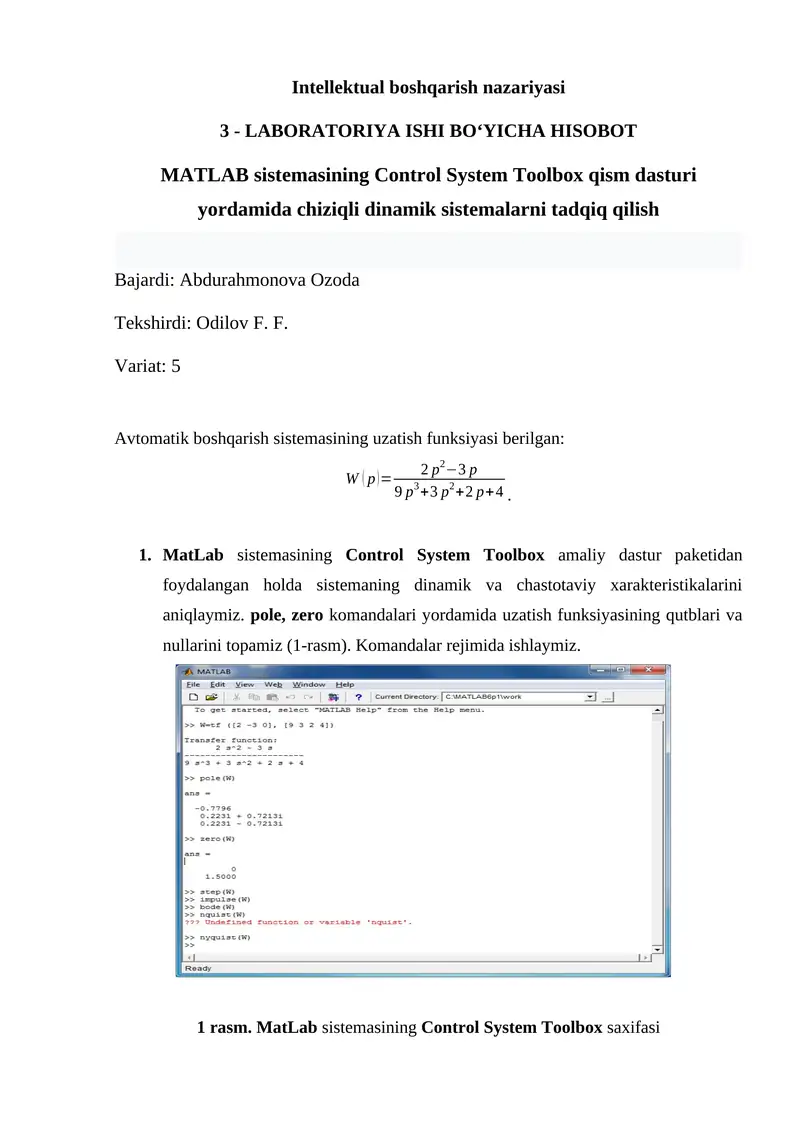 MATLAB sistеmаsining Control System Toolbox