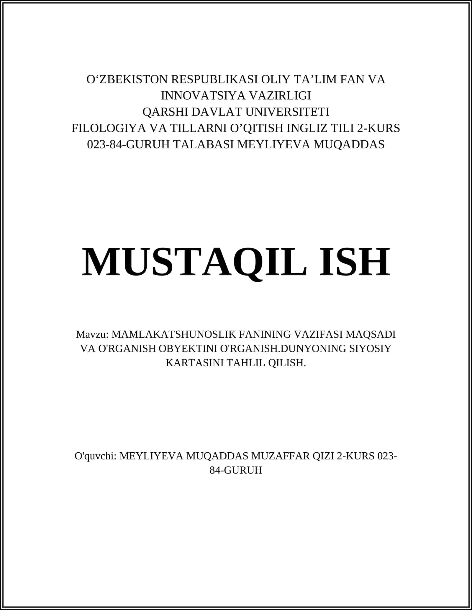 Mamlakatshunoslik fanining vazifasi maqsadi va o'rganish obyektini o'rganish