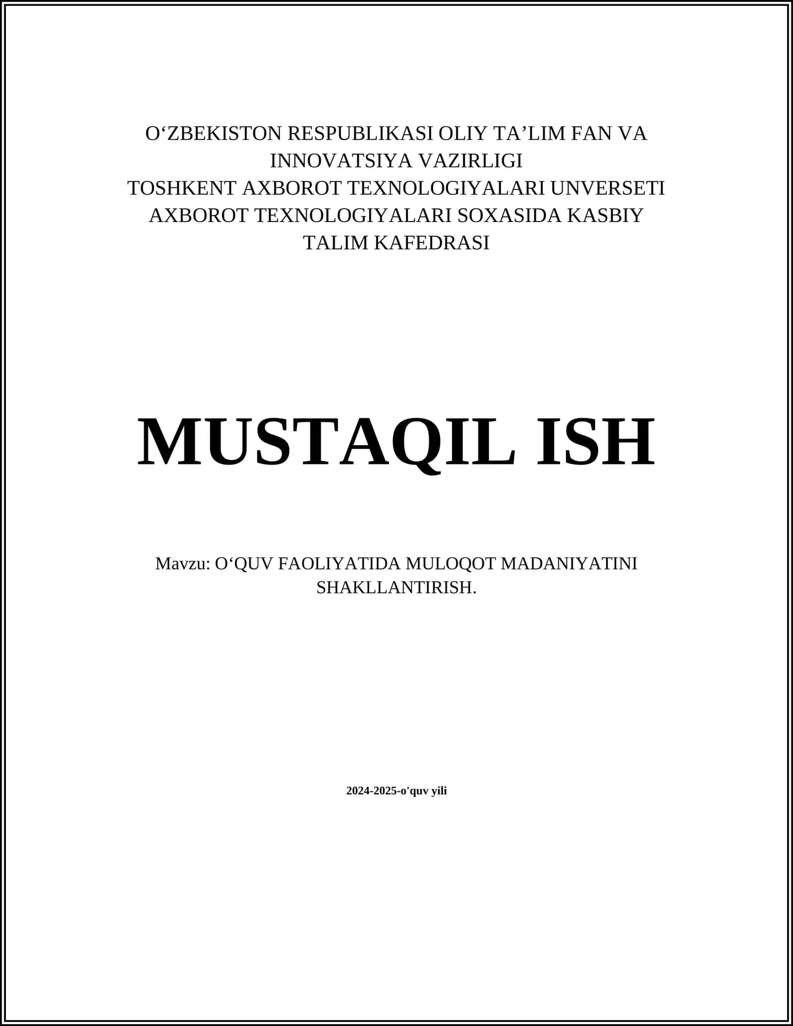 O‘QUV FAOLIYATIDA MULOQOT MADANIYATINI SHAKLLANTIRISH