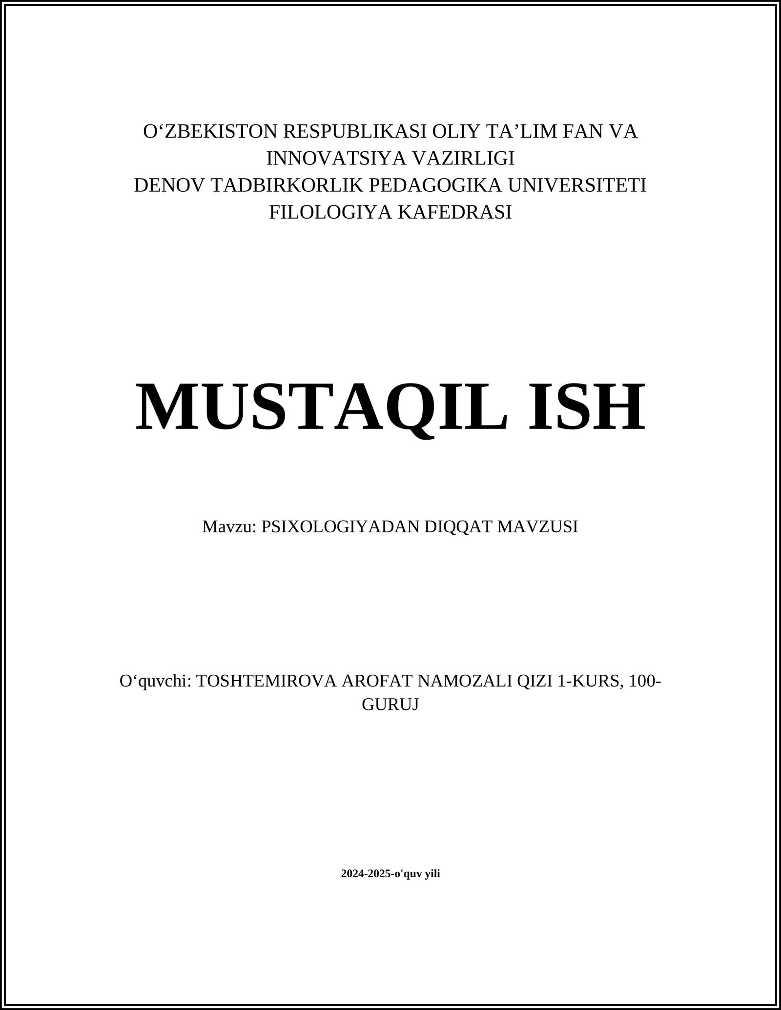 MAVZU: PSIXOLOGIYADAN DIQQAT MAVZUSI