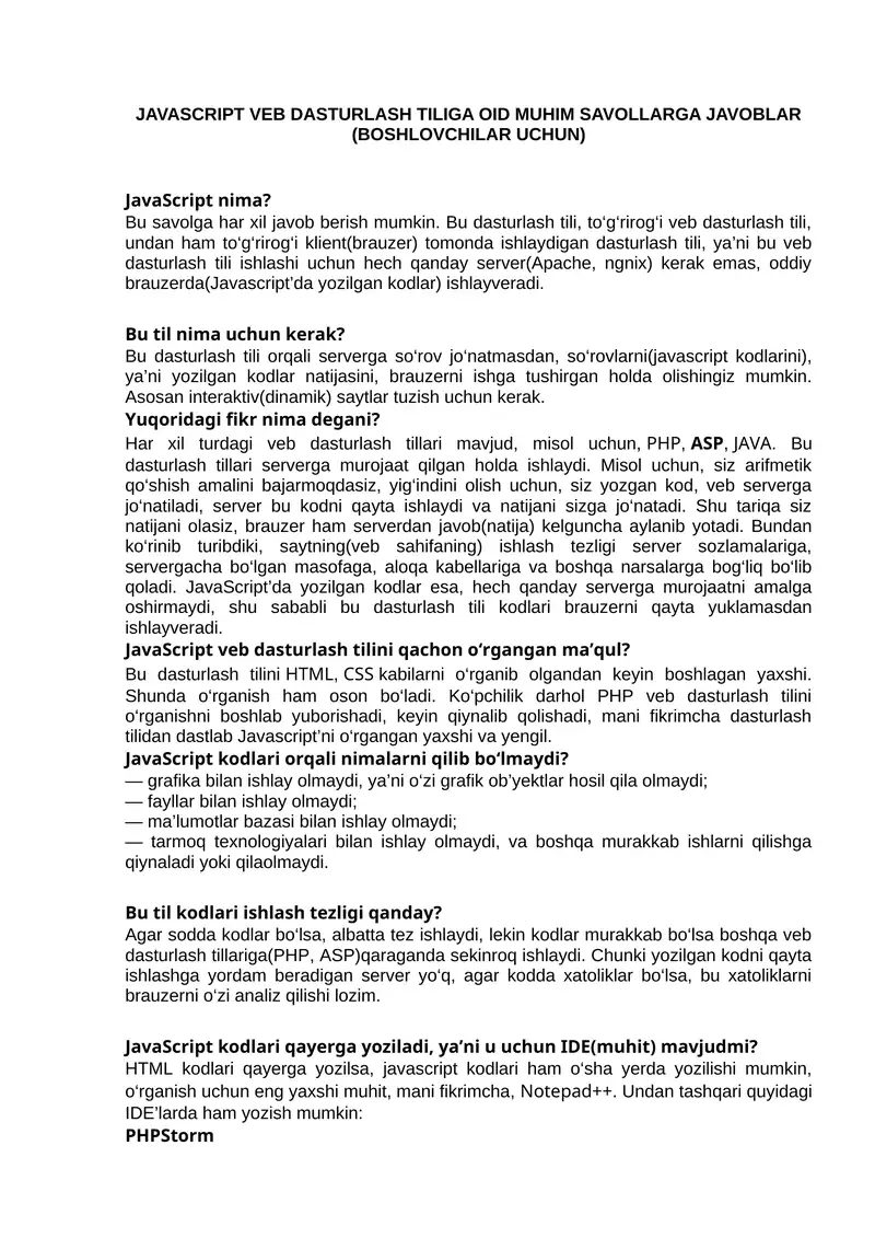 JAVASCRIPT VEB DASTURLASH TILIGA OID MUHIM SAVOLLARGA JAVOBLAR (BOSHLOVCHILAR UCHUN)