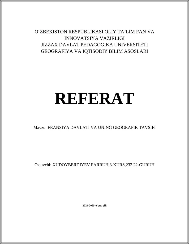 FRANSIYA DAVLATI VA UNING GEOGRAFIK TAVSIFI