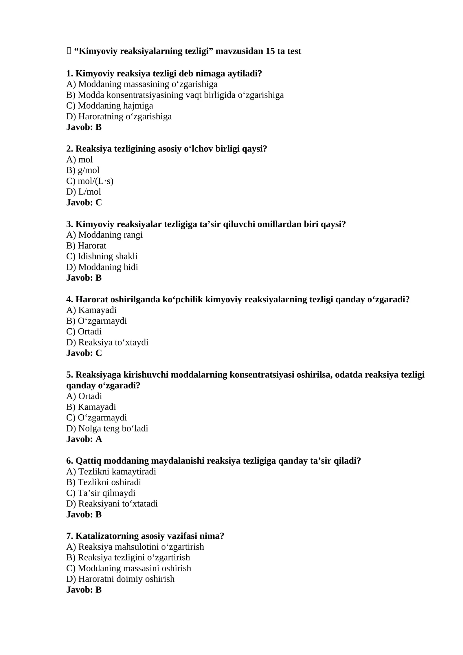 Kimyoviy reaksiyalarning tezligi - Testlar