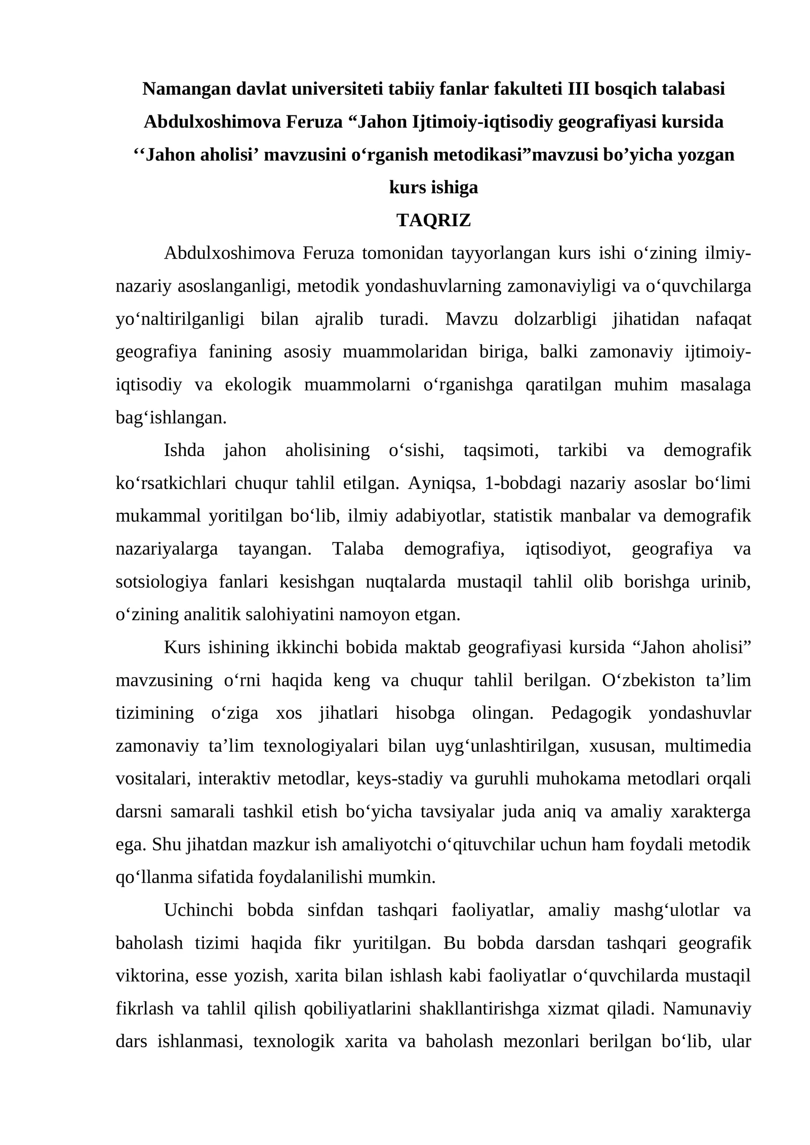 Jahon aholisi o‘sishi, taqsimoti, tarkibi va demografik ko‘rsatkichlari
