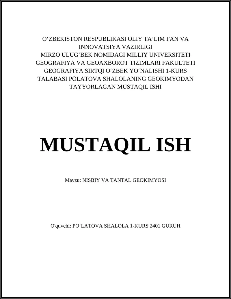 NISBIY VA TANTAL GEOKIMYOSI